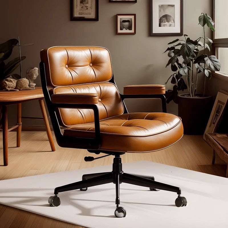 Contemporary Scandinavian Rotatable Rectangular Metal PU &amp; Genuine Leather Sponge Liftable Desk Chair Backrest Armrest For Home Office