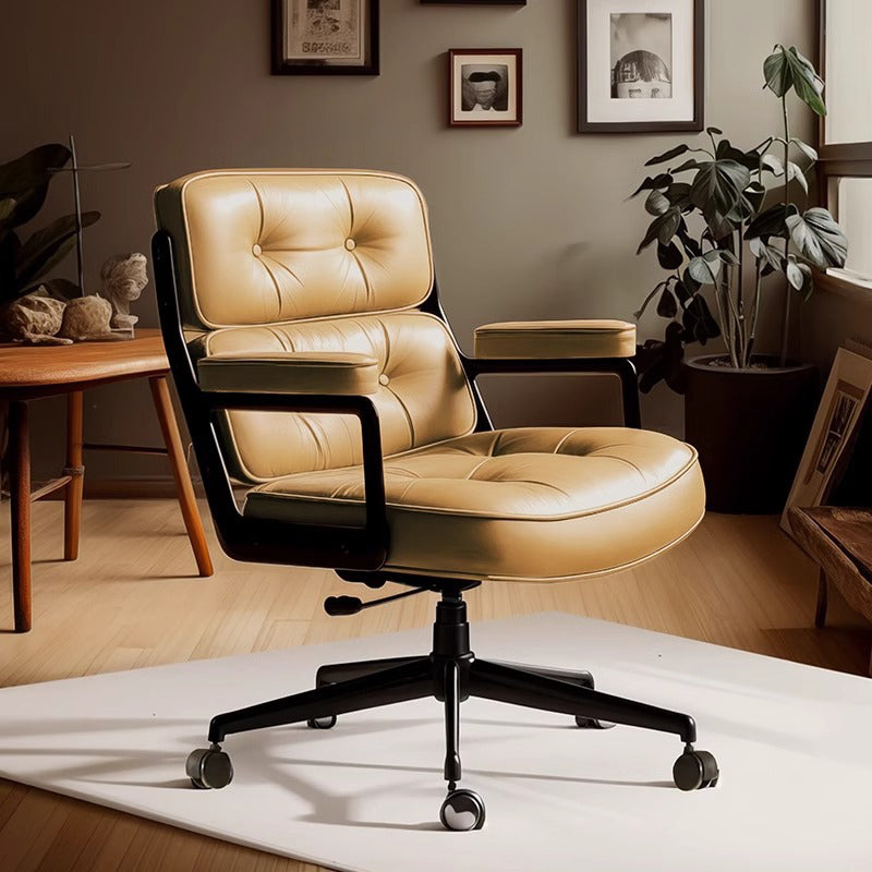 Contemporary Scandinavian Rotatable Rectangular Metal PU &amp; Genuine Leather Sponge Liftable Desk Chair Backrest Armrest For Home Office