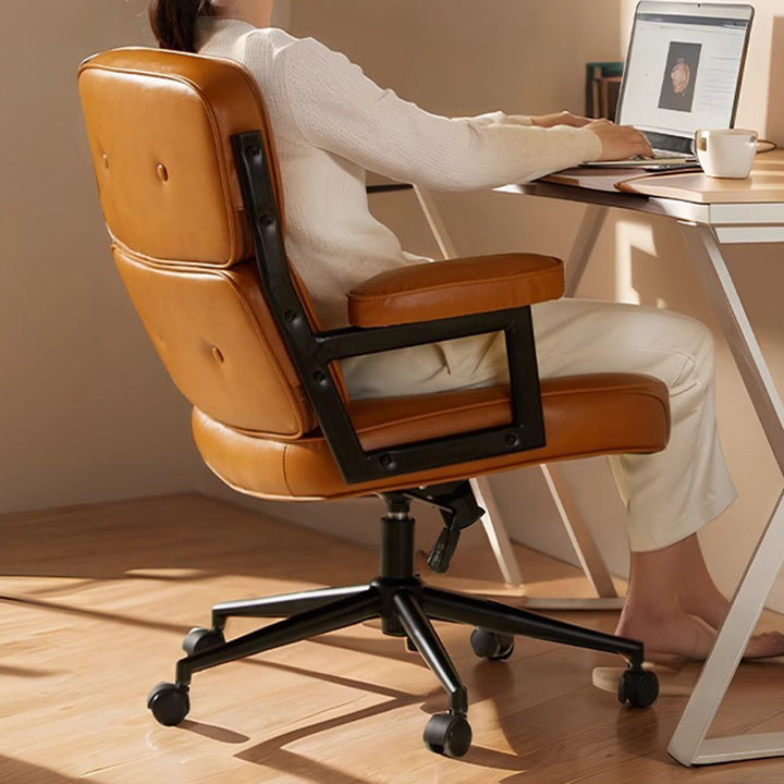 Contemporary Scandinavian Rotatable Rectangular Metal PU &amp; Genuine Leather Sponge Liftable Desk Chair Backrest Armrest For Home Office
