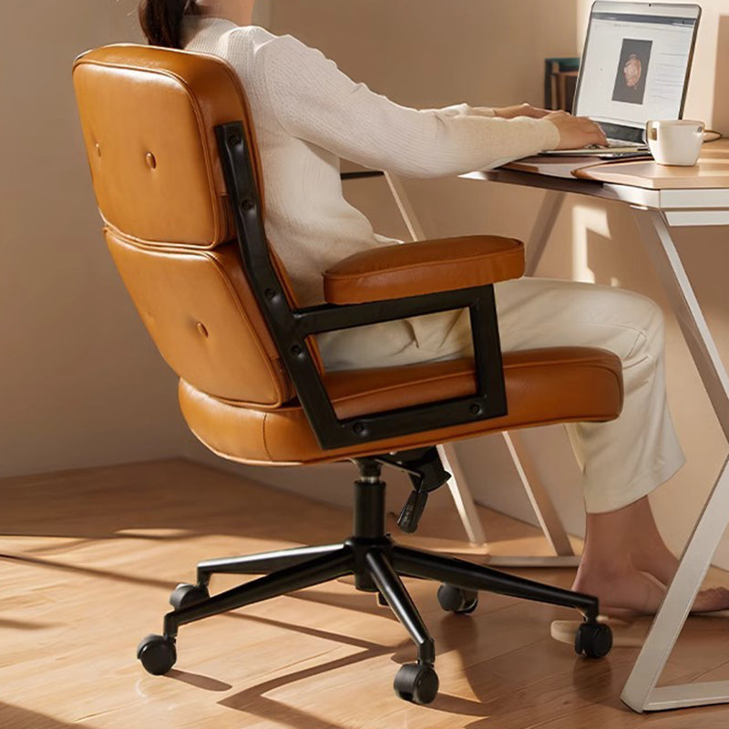 Contemporary Scandinavian Rotatable Rectangular Metal PU & Genuine Leather Sponge Liftable Desk Chair Backrest Armrest For Home Office