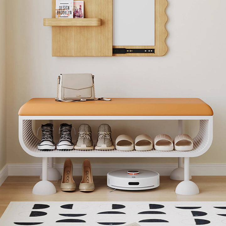 Banc à chaussures contemporain nordique rectangulaire en acier au carbone, simili cuir et mousse, sans dossier ni accoudoirs, pour entrée 