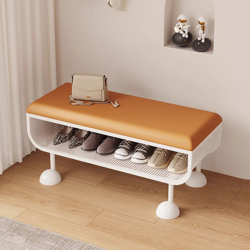 Banc à chaussures contemporain nordique rectangulaire en acier au carbone, simili cuir et mousse, sans dossier ni accoudoirs, pour entrée 