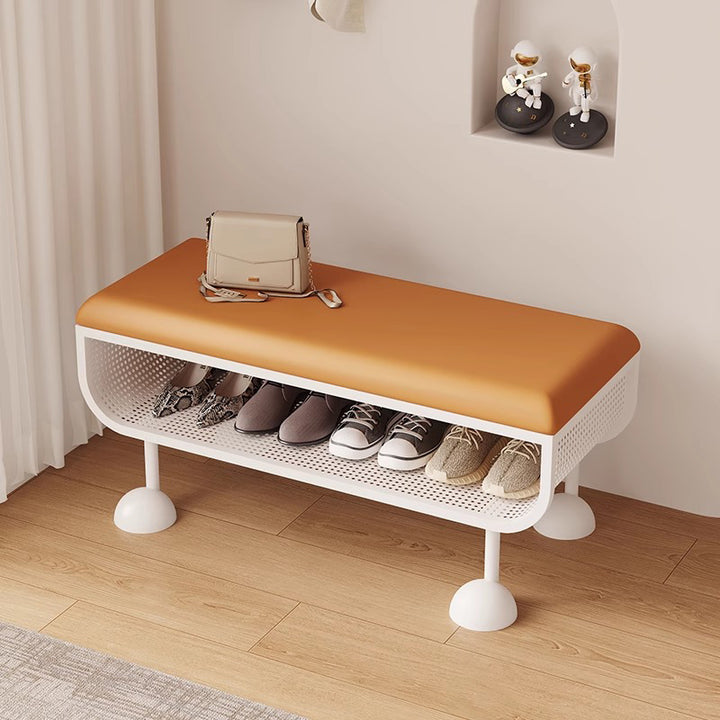 Banc à chaussures contemporain nordique rectangulaire en acier au carbone, simili cuir et mousse, sans dossier ni accoudoirs, pour entrée 