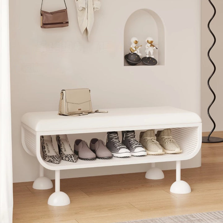 Banc à chaussures contemporain nordique rectangulaire en acier au carbone, simili cuir et mousse, sans dossier ni accoudoirs, pour entrée 