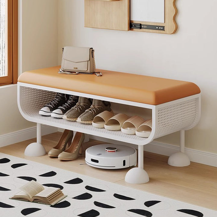Banc à chaussures contemporain nordique rectangulaire en acier au carbone, simili cuir et mousse, sans dossier ni accoudoirs, pour entrée 