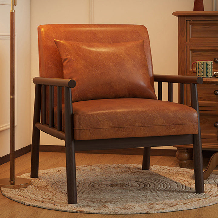 Chaise d'appoint traditionnelle vintage rectangulaire en hévéa avec effet cuir ciré à l'huile, flanelle et éponge, avec dossier et accoudoirs pour salon 