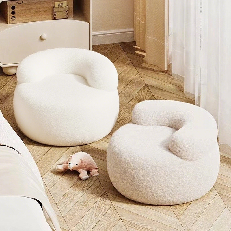 Contemporary Nordic Soft Fluffy Arc Solid Wood Sherpa Fabric Sponge Low Stool Backrest Armrest For Living Room