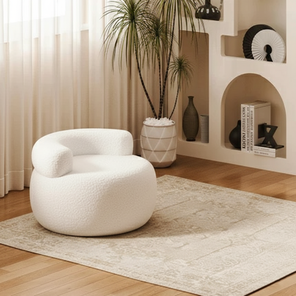 Contemporary Nordic Soft Fluffy Arc Solid Wood Sherpa Fabric Sponge Low Stool Backrest Armrest For Living Room