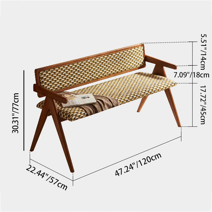 Traditional Rustic Rectangular Ash Wood Plywood Fabric Sponge Bench Backrest Armrest For Living Room