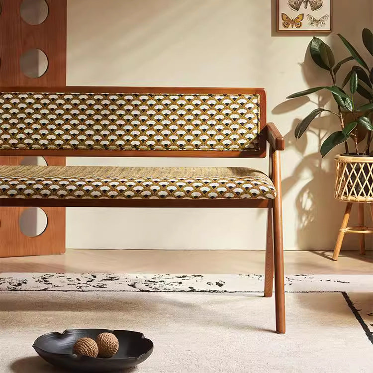 Traditional Rustic Rectangular Ash Wood Solid Wood Board Fabric Sponge Bench Backrest Armrest For Living Room