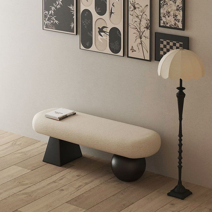 Contemporary Nordic Oval Solid Wood Sherpa Fabric Sponge Bench Backless Armless For Entryway