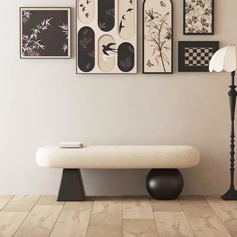 Contemporary Nordic Oval Solid Wood Sherpa Fabric Sponge Bench Backless Armless For Entryway
