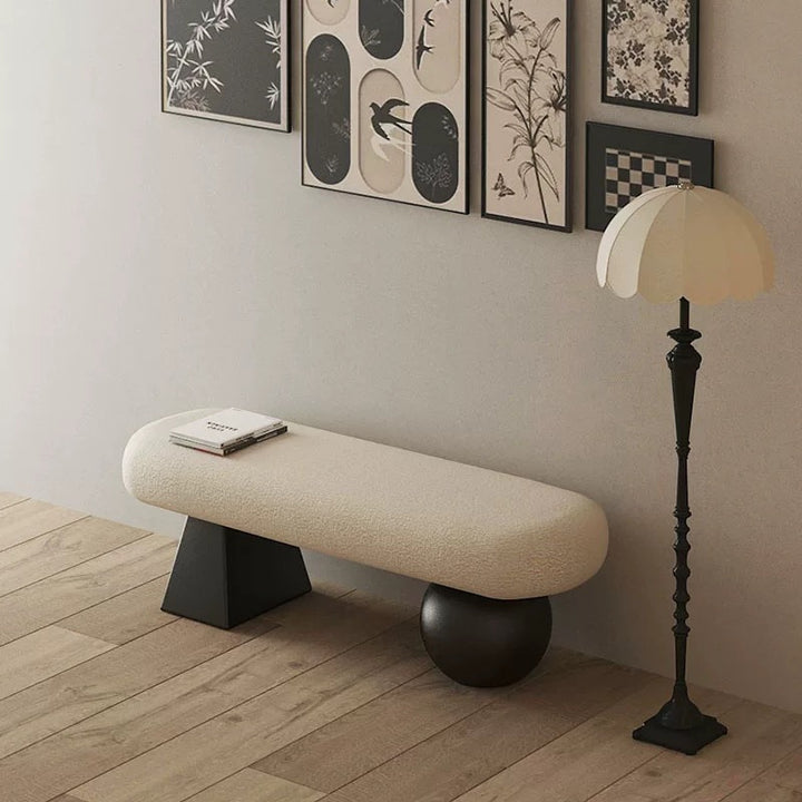 Contemporary Nordic Oval Solid Wood Sherpa Fabric Sponge Bench Backless Armless For Entryway
