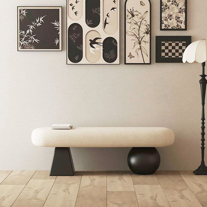 Contemporary Nordic Oval Solid Wood Sherpa Fabric Sponge Bench Backless Armless For Entryway