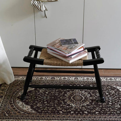Traditional Rustic Rectangular Rubberwood Hemp Rope Low Stool Backless Armless For Entryway