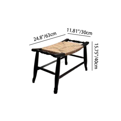 Traditional Rustic Rectangular Rubberwood Hemp Rope Low Stool Backless Armless For Entryway