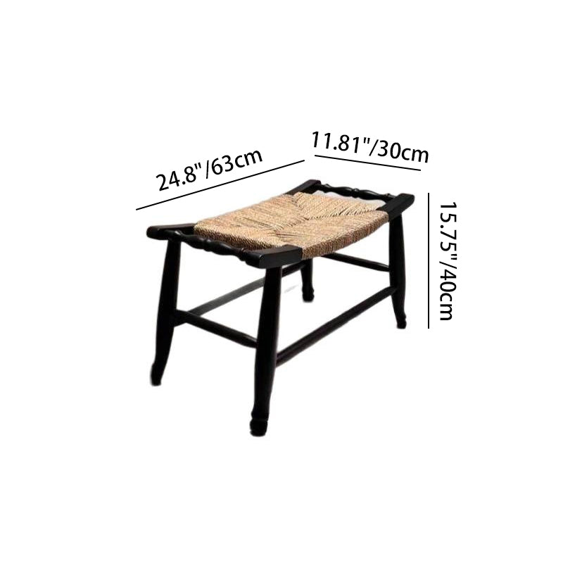 Traditional Rustic Rectangular Rubberwood Hemp Rope Low Stool Backless Armless For Entryway