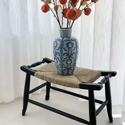 Traditional Rustic Rectangular Rubberwood Hemp Rope Low Stool Backless Armless For Entryway