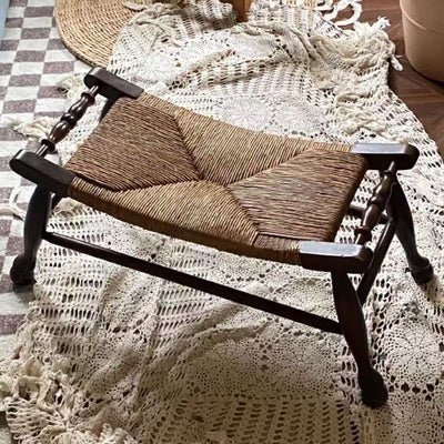 Traditional Rustic Rectangular Rubberwood Hemp Rope Low Stool Backless Armless For Entryway