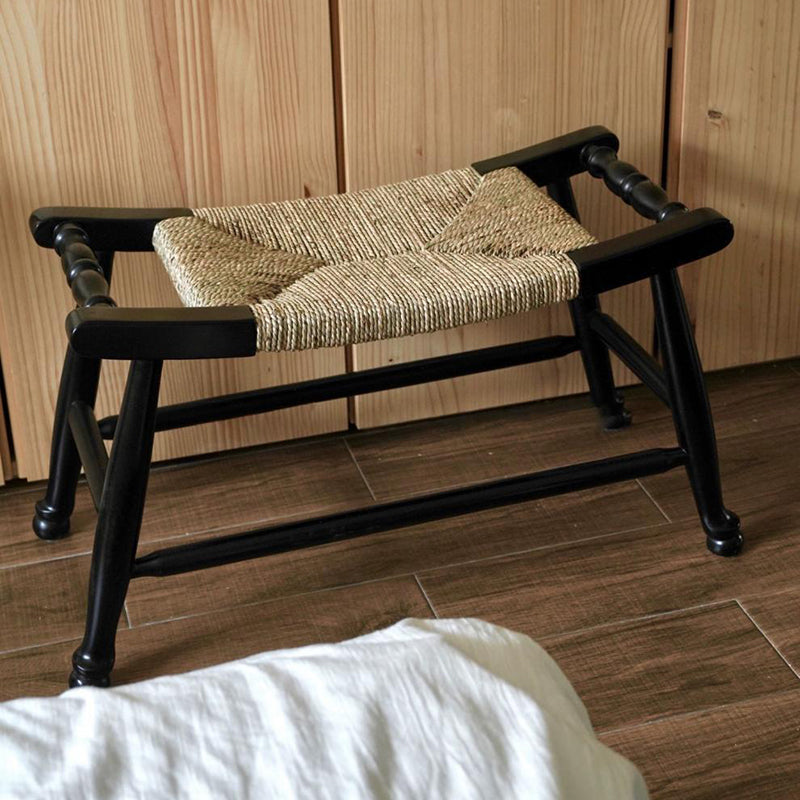 Traditional Rustic Rectangular Rubberwood Hemp Rope Low Stool Backless Armless For Entryway
