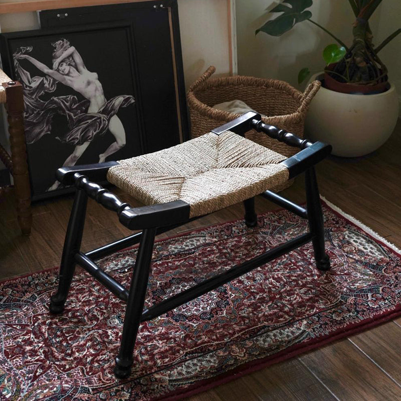 Traditional Rustic Rectangular Rubberwood Hemp Rope Low Stool Backless Armless For Entryway
