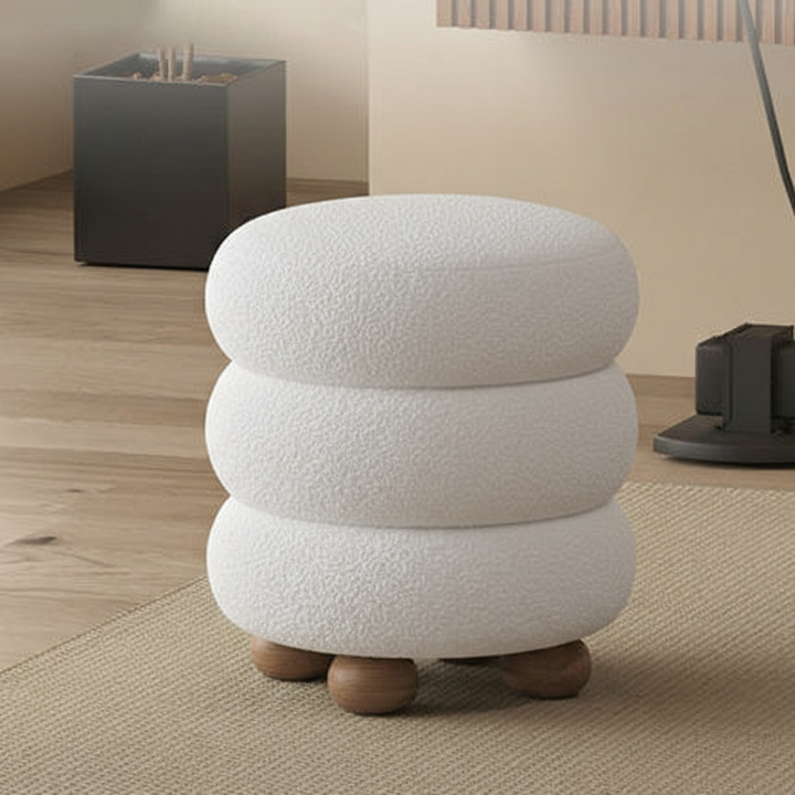Tabouret de coiffeuse contemporain nordique cylindrique en bois massif, laine d’agneau et éponge pour chambre à coucher 
