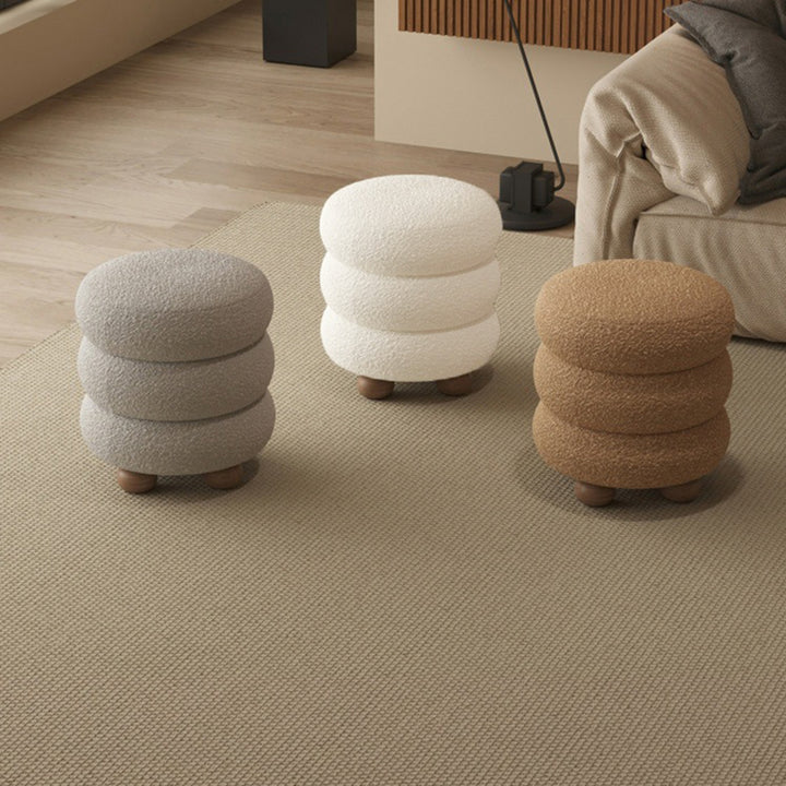 Tabouret de coiffeuse contemporain nordique cylindrique en bois massif, laine d’agneau et éponge pour chambre à coucher 