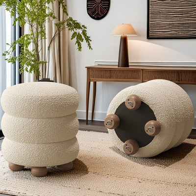 Contemporary Nordic Cylindrical Solid Wood Lambswool Sponge Vanity Stool For Bedroom