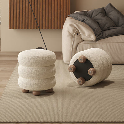 Contemporary Nordic Cylindrical Solid Wood Lambswool Sponge Vanity Stool For Bedroom