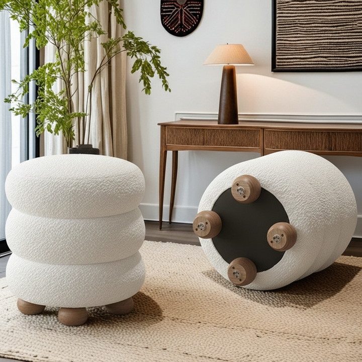 Tabouret de coiffeuse contemporain nordique cylindrique en bois massif, laine d’agneau et éponge pour chambre à coucher 