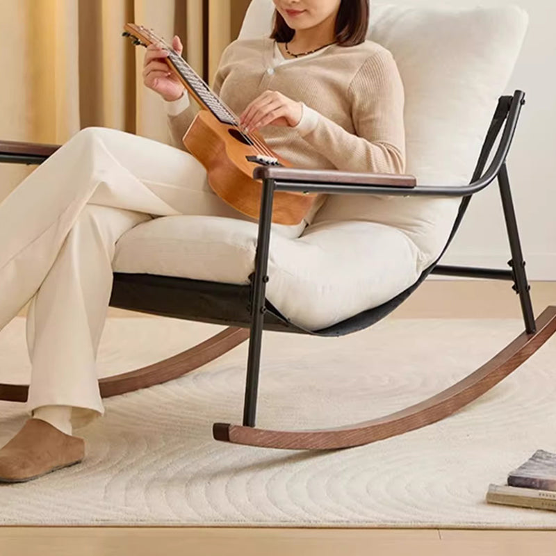 Contemporary Nordic Detachable Rectangular Solid Wood Carbon Steel Corduroy Sponge Plush Cotton Lazy Rocking Chair Backrest Armrest For Bedroom