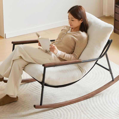 Contemporary Nordic Detachable Rectangular Solid Wood Carbon Steel Corduroy Sponge Plush Cotton Lazy Rocking Chair Backrest Armrest For Bedroom