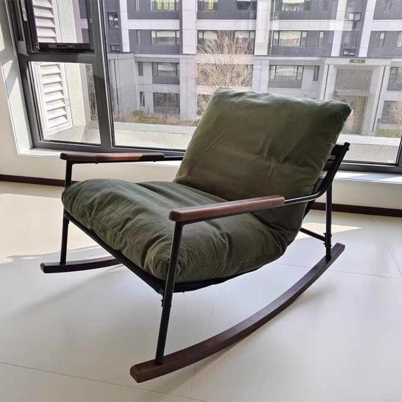 Contemporary Nordic Detachable Rectangular Solid Wood Carbon Steel Corduroy Sponge Plush Cotton Lazy Rocking Chair Backrest Armrest For Bedroom