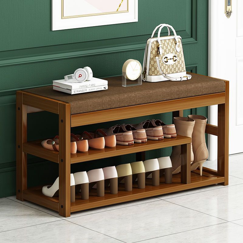 Traditional Rustic Rectangular Nan Bamboo MDF Fabric Sponge Shoe Bench Backless Armless For Entryway & Hallway