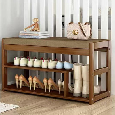 Traditional Rustic Rectangular Nan Bamboo MDF Fabric Sponge Shoe Bench Backless Armless For Entryway & Hallway