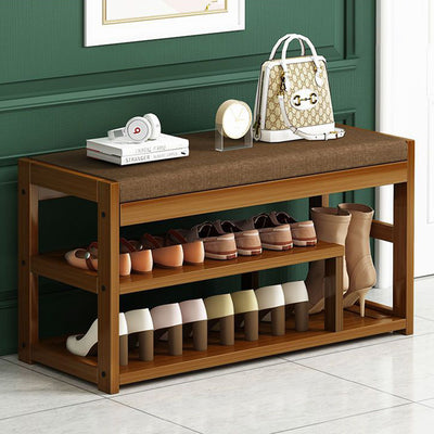 Traditional Rustic Rectangular Nan Bamboo MDF Fabric Sponge Shoe Bench Backless Armless For Entryway & Hallway
