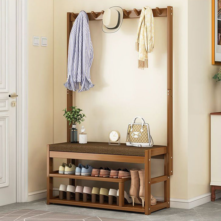 Traditional Rustic Rectangular Nan Bamboo MDF Fabric Sponge Hallstand Shoe Bench Backless Armless For Entryway &amp; Hallway