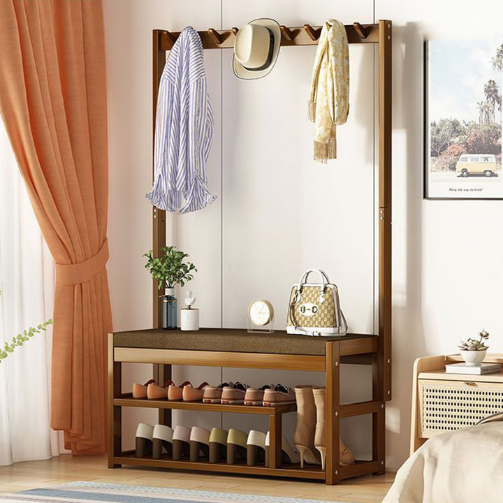 Traditional Rustic Rectangular Nan Bamboo MDF Fabric Sponge Hallstand Shoe Bench Backless Armless For Entryway &amp; Hallway