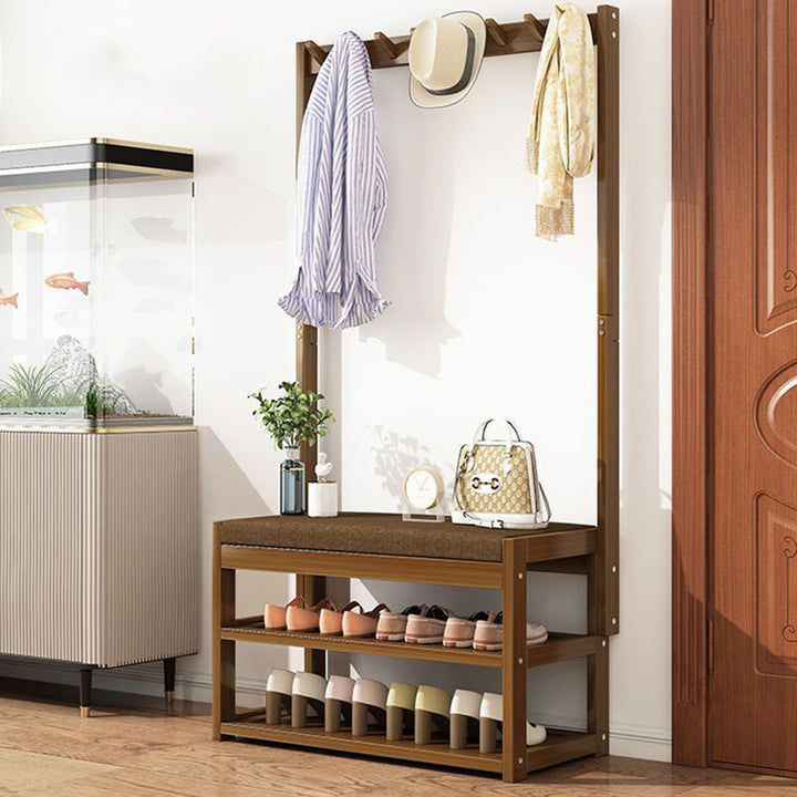 Traditional Rustic Rectangular Nan Bamboo MDF Fabric Sponge Hallstand Shoe Bench Backless Armless For Entryway &amp; Hallway
