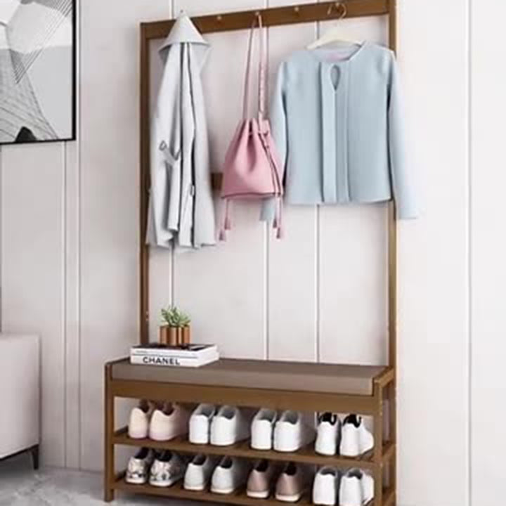 Traditional Rustic Rectangular Nan Bamboo MDF Fabric Sponge Hallstand Shoe Bench Backless Armless For Entryway &amp; Hallway