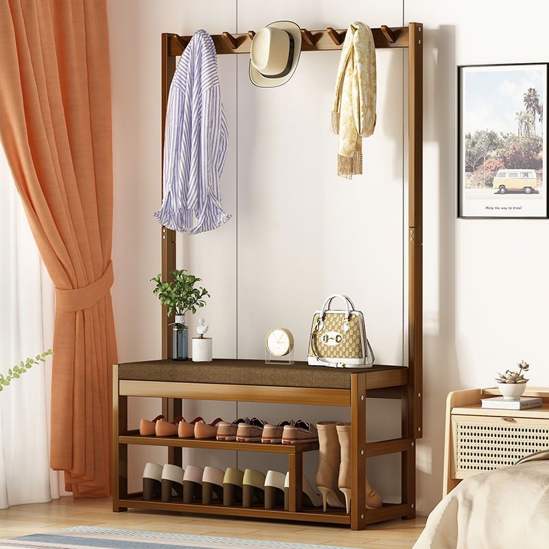 Traditional Rustic Rectangular Nan Bamboo MDF Fabric Sponge Hallstand Shoe Bench Backless Armless For Entryway & Hallway