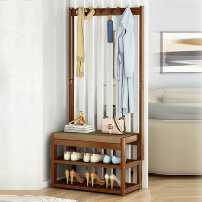 Traditional Rustic Rectangular Nan Bamboo MDF Fabric Sponge Hallstand Shoe Bench Backless Armless For Entryway & Hallway