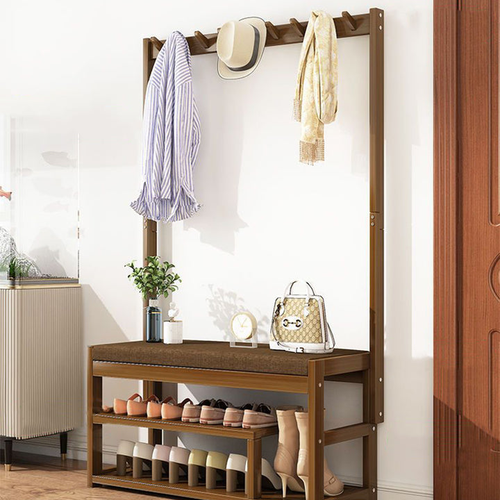 Traditional Rustic Rectangular Nan Bamboo MDF Fabric Sponge Hallstand Shoe Bench Backless Armless For Entryway &amp; Hallway