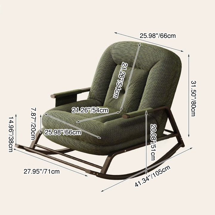 Ergonomie minimaliste moderne et structure ovale en acier doux, dossier et accoudoirs de fauteuil à bascule en velours côtelé, mousse, peluche et coton pour salon et chambre à coucher 