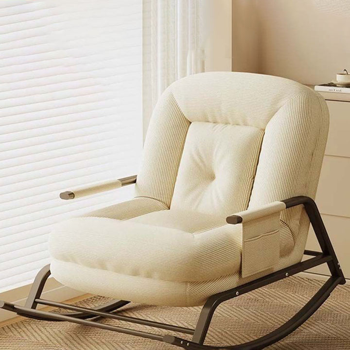 Ergonomie minimaliste moderne et structure ovale en acier doux, dossier et accoudoirs de fauteuil à bascule en velours côtelé, mousse, peluche et coton pour salon et chambre à coucher 