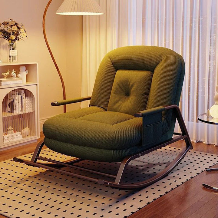 Ergonomie minimaliste moderne et structure ovale en acier doux, dossier et accoudoirs de fauteuil à bascule en velours côtelé, mousse, peluche et coton pour salon et chambre à coucher 