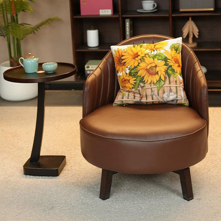 Chaise d'appoint vintage traditionnelle pivotante ronde en acier au carbone, cuir huilé-ciré, dossier rembourré, sans accoudoirs, pour salon 
