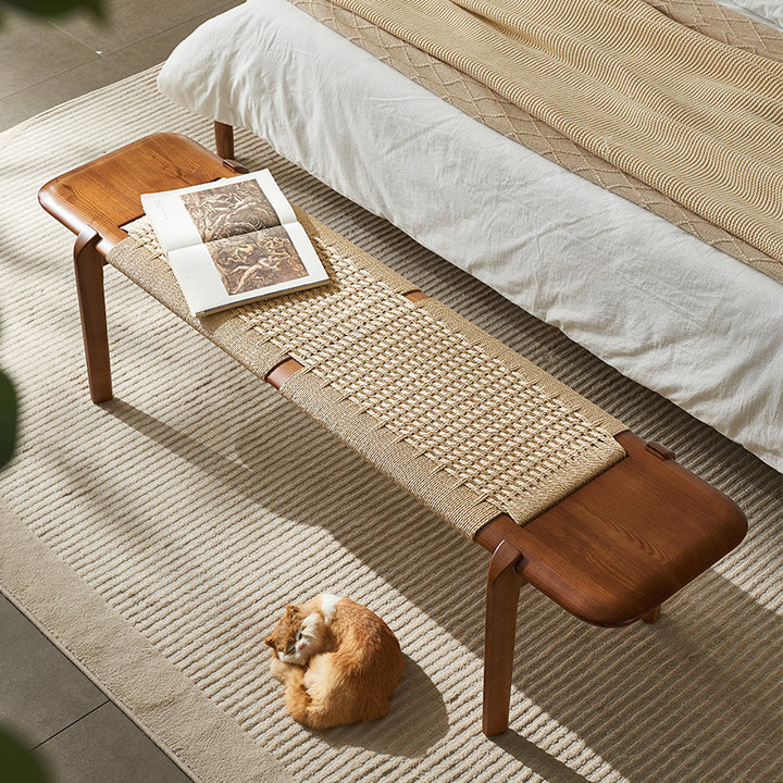 Traditional Rustic Smooth Edge Rectangular Ash Wood Cowhide Paper Rope Weaving Bedroom Bench Backless Armless For Bedroom