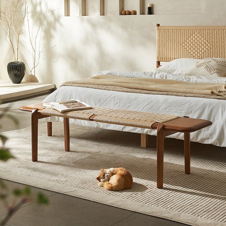 Traditional Rustic Smooth Edge Rectangular Ash Wood Cowhide Paper Rope Weaving Bedroom Bench Backless Armless For Bedroom