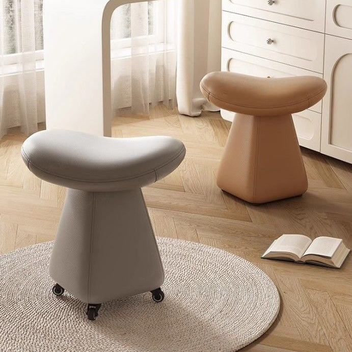 Contemporary Scandinavian Geometric Solid Wood Faux Leather Sponge Latex Movable Vanity Stool Backless Armless For Bedroom